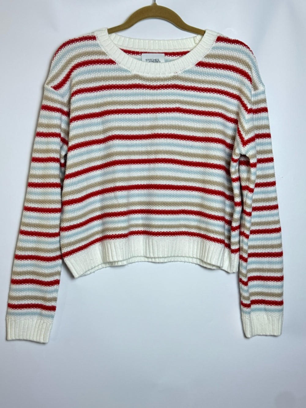Stitches Cream Sweater with Red and Tan Stripes